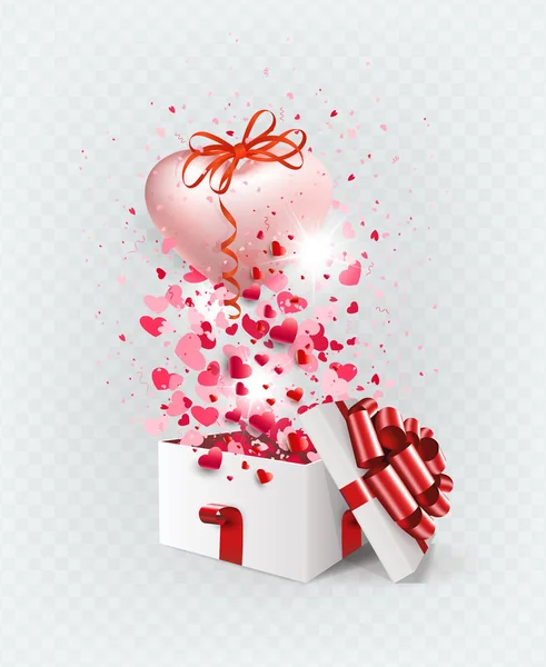 Illustratie met een witte doos en een roze helder hart met een strik, design element — Stockvector