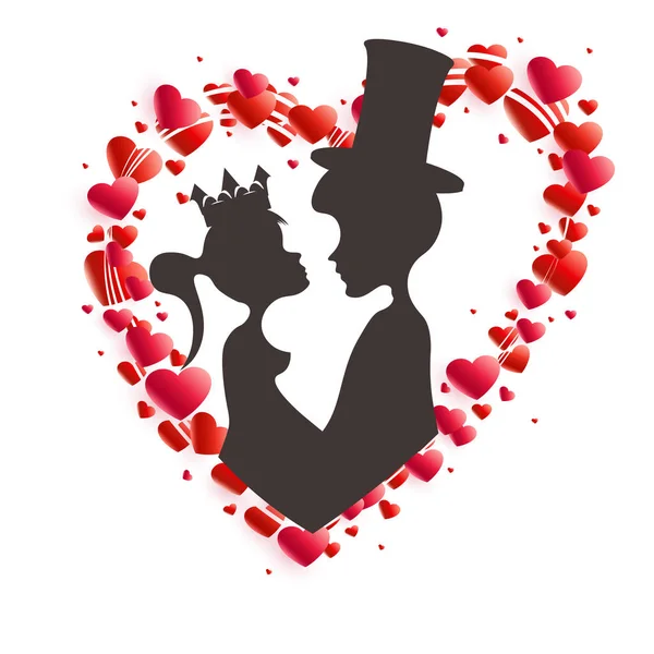 Composición con una corona de corazones rojos y una silueta oscura de un niño en un sombrero y una niña en una corona — Vector de stock