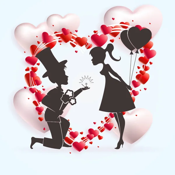 Sammansättning av hjärtan och en mörk siluett av en kille i hatt och en tjej med bollar — Stock vektor