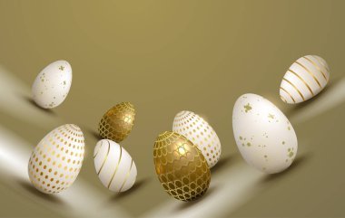 Paskalya kompozisyonu bej renginde ve yumurta silueti farklı desenli, tasarım elementi.