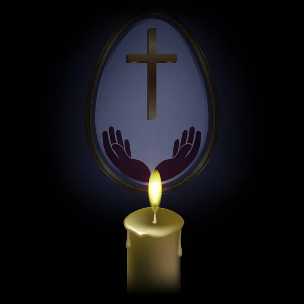 Composition de Pâques sombre avec la silhouette d'un œuf blanc avec une croix et les mains, une bougie allumée avec de la fumée terne — Image vectorielle