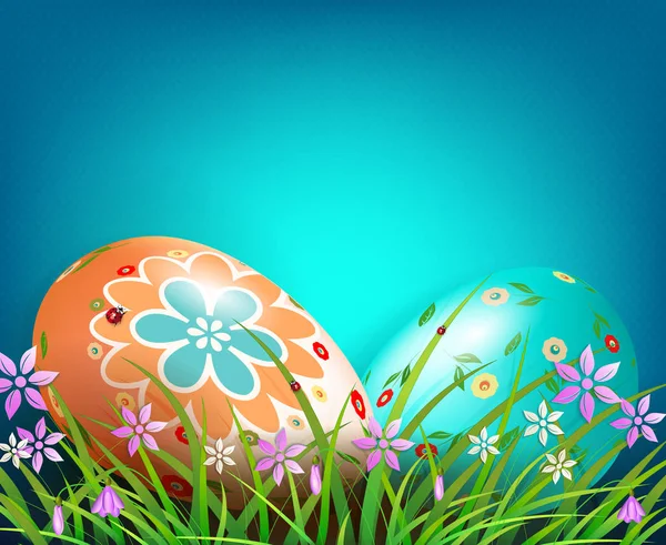 Blue Easter composition with two eggs, grass and flowers — Stock Vector