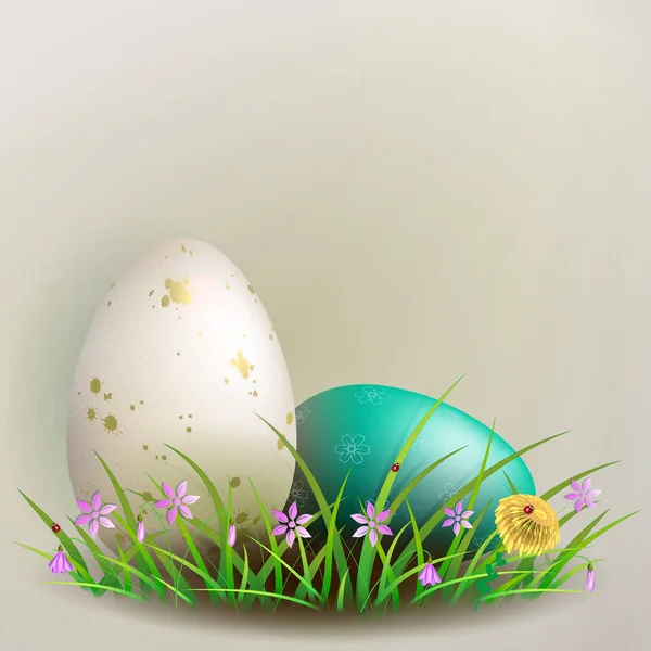 Easter composition with a white and turquoise egg with a pattern, grass and flowers — Stock Vector