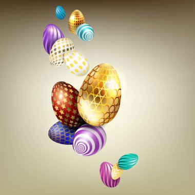 Paskalya bej kompozisyonu, farklı desen ve renkte güzel yumurtalar.