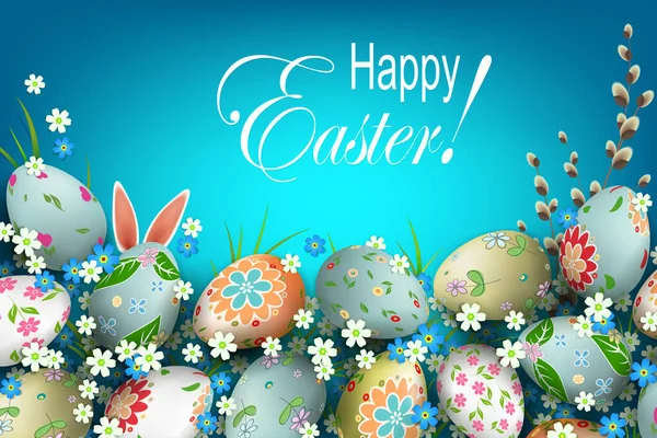 Easter blue composition with eggs with a beautiful diverse pattern, flowers and rabbit ears and willow branch