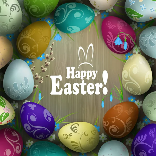 Composición de Pascua con huevos dibujados en círculo en forma de corona, la silueta de un tablero de sombra marrón claro, rama de sauce y flores — Vector de stock