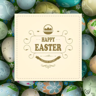Easter composition with a square frame with interwoven braid and a set of Easter eggs