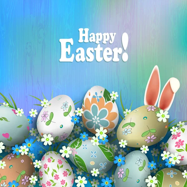 Composición de Pascua de una ligera sombra de arco iris con magníficos huevos, flores, hierba y orejas de conejo — Vector de stock
