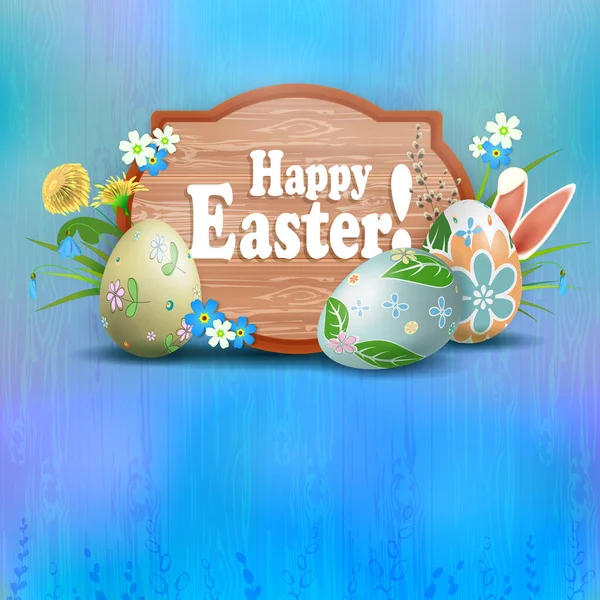 Easter composition in a light blue hue with a curly brown frame, eggs and rabbit ears, spring flowers with a willow twig and grass — Stock Vector