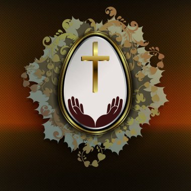 Easter dark composition with a white egg in a gold frame, a cross and a silhouette of hands, intertwined silhouettes of green foliage