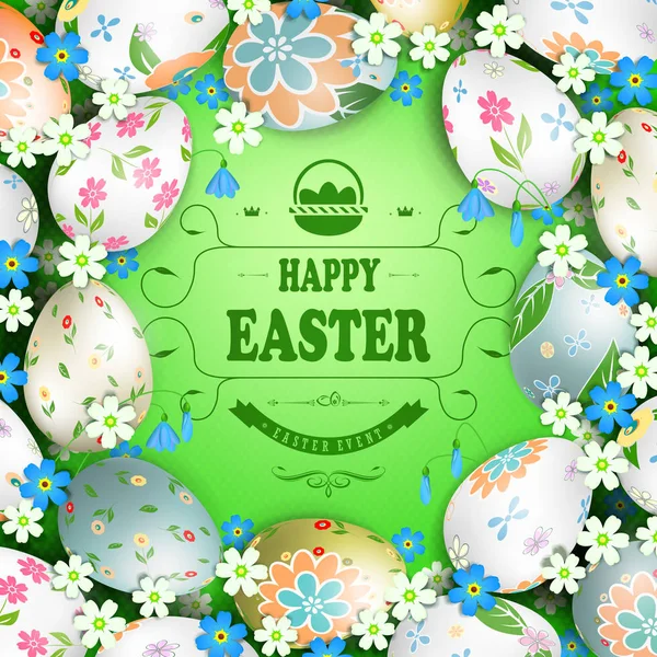 Composición verde Pascua con hermosos huevos y flores dibujadas por una corona redonda — Vector de stock