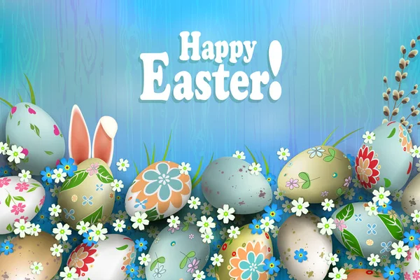 Composição de Easter de uma sombra de arco-íris leve com ovos magníficos, flores, ramo de salgueiro e orelhas de coelho — Vetor de Stock