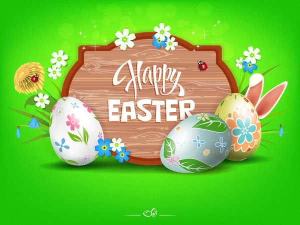 Ostergrüne Komposition mit lockigem Rahmen, schönen Eiern, Blumen und Hasenohren — Stockvektor