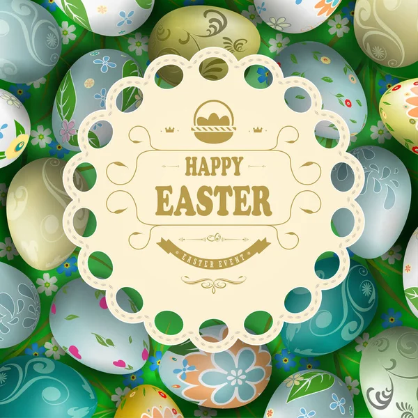 Easter composition with beautiful eggs drawn in a circle, light curly round frame with braid and text — Stock Vector