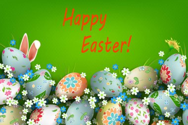 Easter green texture composition with eggs with a beautiful diverse pattern, flowers and rabbit ears