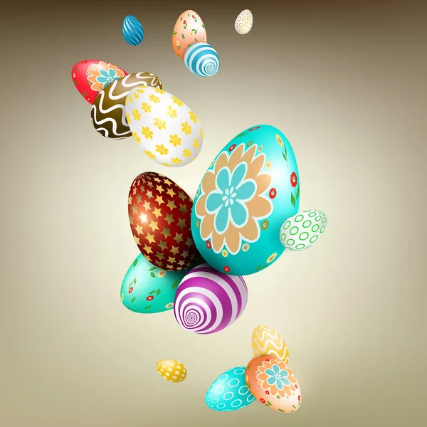 Wielkanoc lekka beżowa kompozycja z pięknymi jajkami o innym wzorze i kolorze — Wektor stockowy