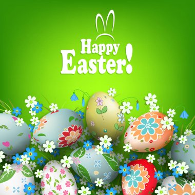 Easter green composition with eggs with a different pattern, grass and flowers