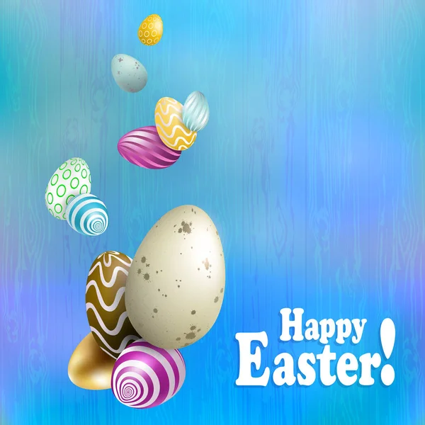 Composición de Pascua en un tono azul claro con huevos con un patrón maravilloso dibujado como una guirnalda — Vector de stock