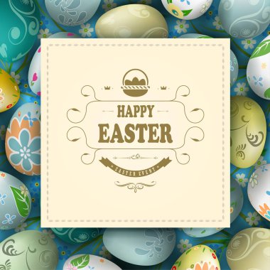 Karışık örgülü kare çerçeveli Paskalya kompozisyonu, çeşitli şekillerde Paskalya yumurtaları.