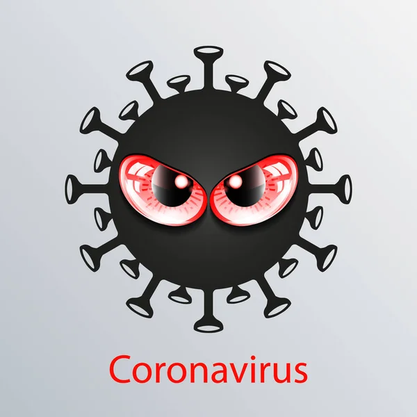 Icono de coronavirus negro con ojos rojos. emblema de la gripe asiática. Elemento de diseño — Vector de stock