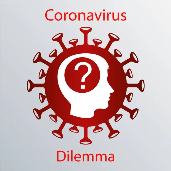 Icono del coronavirus rojo con una silueta de cabeza humana y un signo de interrogación. emblema de la gripe asiática. Elemento de diseño — Archivo Imágenes Vectoriales