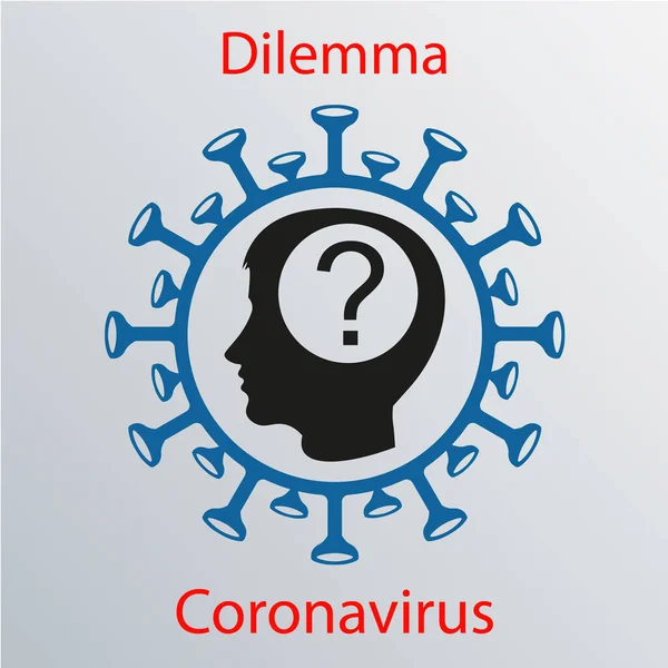 Icono de coronavirus azul con una silueta de cabeza humana y un signo de interrogación. emblema de la gripe asiática. Elemento de diseño — Archivo Imágenes Vectoriales