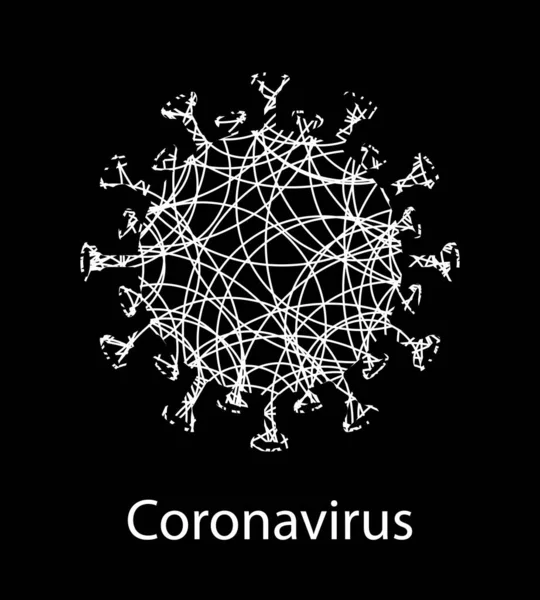 Composizione nera con coronavirus bianco strutturato segno. Emblema dell'influenza asiatica. Elemento di design — Vettoriale Stock