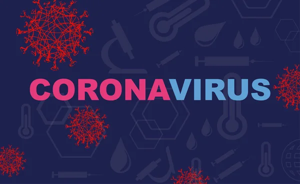 Desenho escuro azul com silhuetas de elementos de coronavírus, prevenção de infecções virais. Composição da gripe asiática — Vetor de Stock