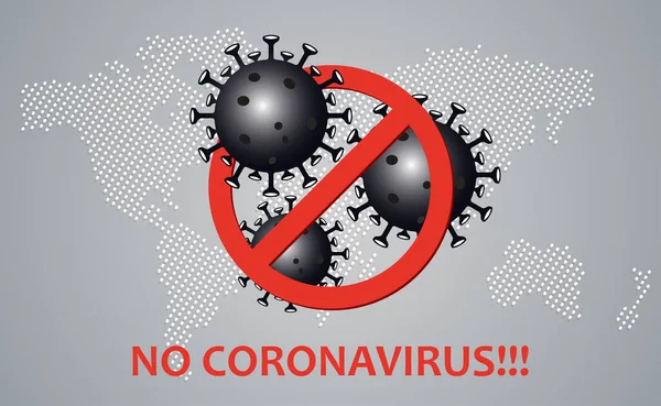 Σχεδιασμός με σιλουέτες στοιχείων του coronavirus, πρόληψη των ιογενών λοιμώξεων, απαγορευτικό σήμα, σιλουέτα των ηπείρων. — Διανυσματικό Αρχείο