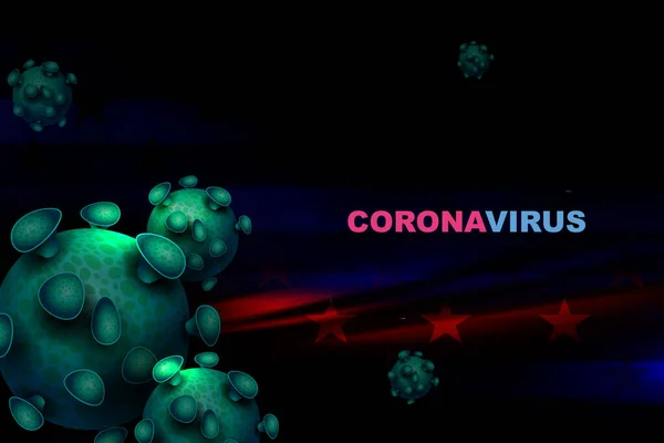 Desain gelap dengan siluet bendera Amerika dan elemen dari coronavirus. Pencegahan infeksi virus. Komposisi flu Asia - Stok Vektor