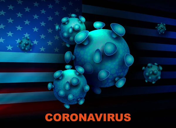 Темно-синій дизайн з абстрактним силуетом прапора США і елементами коронавірусу. Запобігання вірусним інфекціям. — стоковий вектор