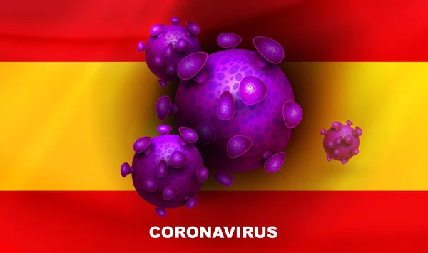 Design avec silhouette drapeau d'Espagne et éléments abstraits de coronavirus. Symptôme du coronavirus COVID-2019. Composition de la grippe asiatique . — Image vectorielle