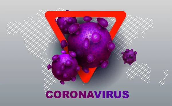 Sammansättning med abstrakt siluett av coronavirus element, varningsskylt och kontinenter. Tecken på coronavirus COVID-2019. — Stock vektor