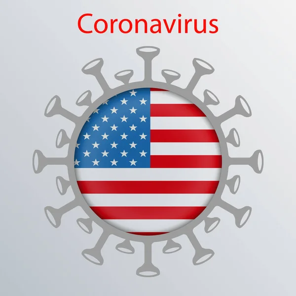 Круглий знак з силуетом прапора Америки і абстрактним силуетом елементу коронавірусу. Символ азіатського грипу. Запобігання вірусним інфекціям. — стоковий вектор