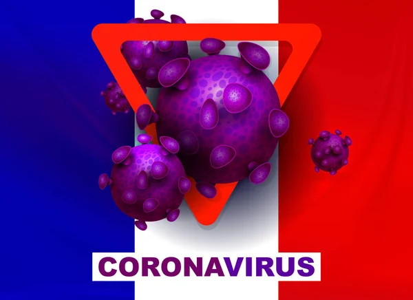 Kırmızı işareti yasaklayan Fransa bayrağı, soyut koronavirüs elementleri silueti. Coronavirus COVID-2019 belirtileri. — Stok Vektör