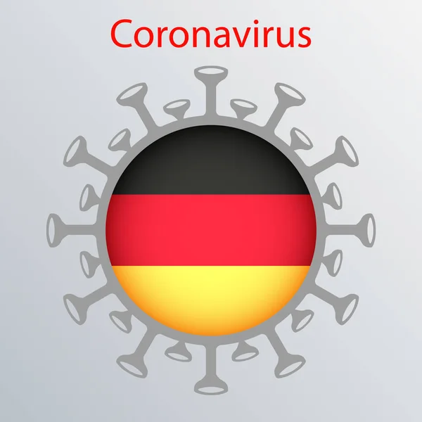 Στρογγυλή πινακίδα με τη σιλουέτα της σημαίας της Γερμανίας και την αφηρημένη σιλουέτα του στοιχείου του coronavirus. Σημάδι του coronavirus COVID-2019. — Διανυσματικό Αρχείο