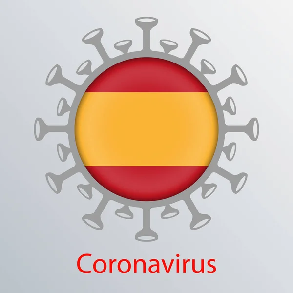 Kulaté znamení se siluetou vlajky Španělska a abstraktní silueta prvku koronaviru. Znamení koronaviru COVID-2019. — Stockový vektor