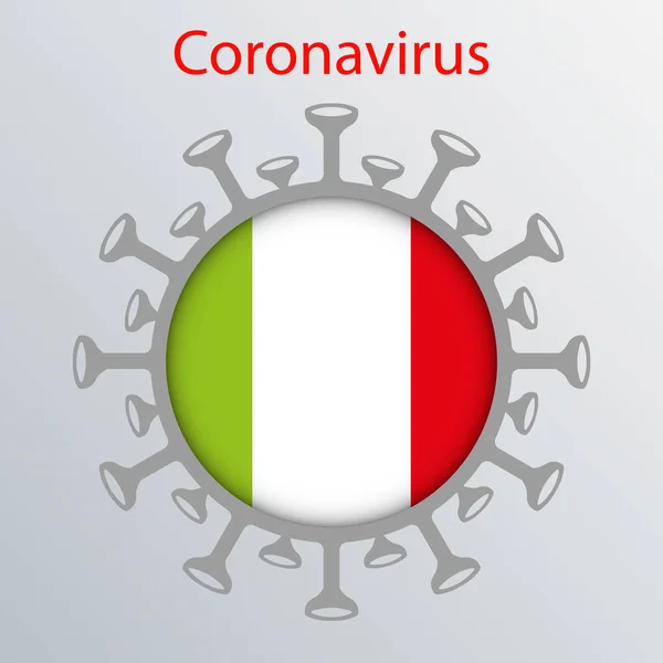 Round sign with the silhouette of the flag of Italy and the abstract silhouette of the element of a coronavirus. Sign of the coronavirus COVID-2019 — Stock Vector