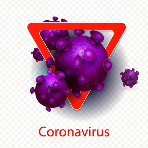 Samenstelling met een driehoekig rood teken en het abstracte silhouet van een coronaviruselement. Tekenen van het coronavirus COVID-2019. Ontwerp-element. — Stockvector