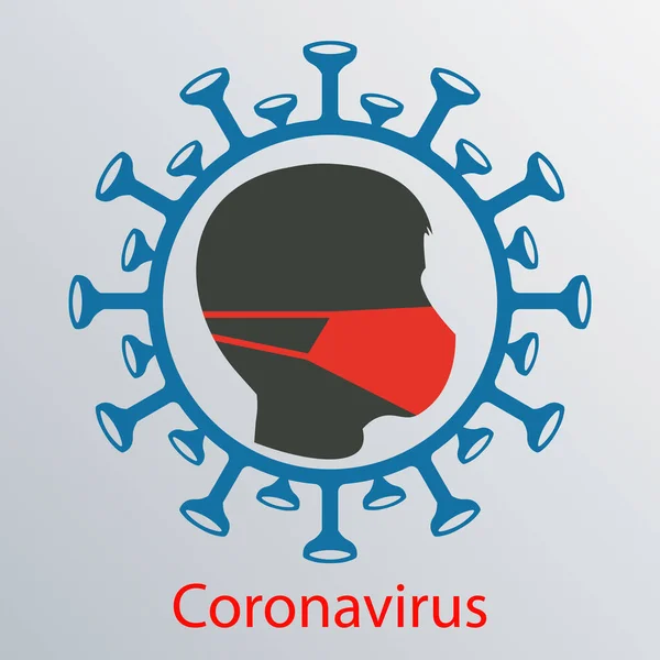 Komposisi dengan siluet kepala manusia dengan perban dan siluet abstrak dari elemen coronavirus. - Stok Vektor