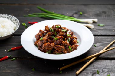 Delicious General Tso's Chicken dish angled view.