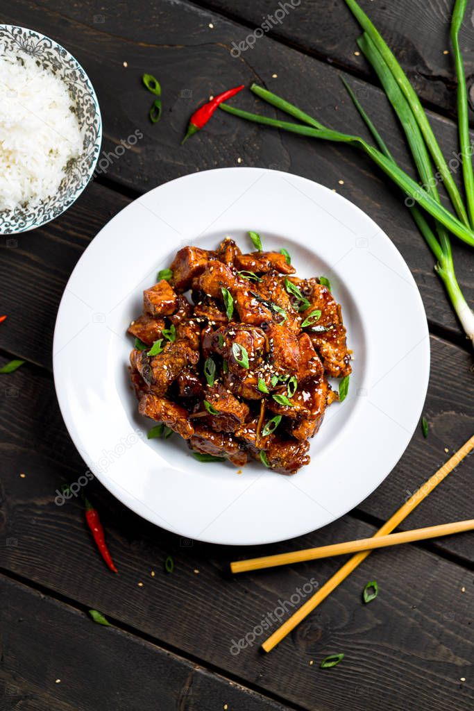 General Tso's Chicken vertical portrait top view.