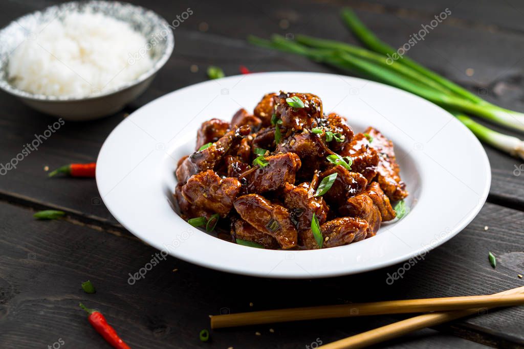 General Tso's Chicken dish low angle view.