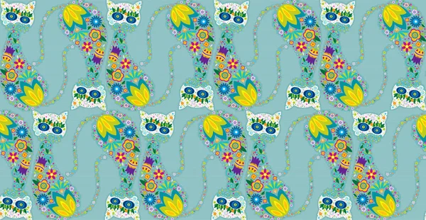 colorful floral cats pattern on the mini background