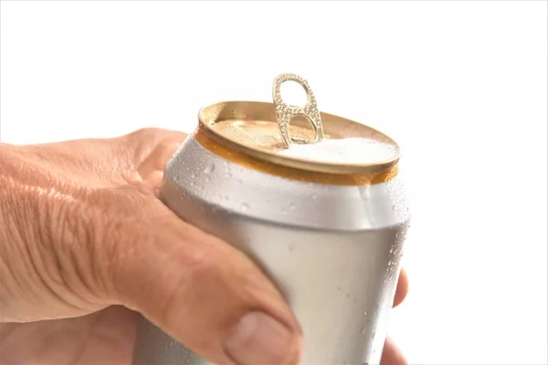 Holding Opened Beer Can Isolated — Stock Photo, Image