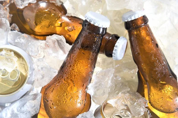 Μπουκάλι Μπύρας Closeup Και Μπορούν Ψύχονται Πάγο — Φωτογραφία Αρχείου