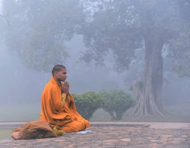 Sravasti, uzaklık Hindistan 1/22/2017 Hintli keşiş oturup Buddha için dua için