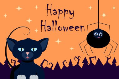 Cadılar Bayramı vektör çizim kara kedi ve örümcek.