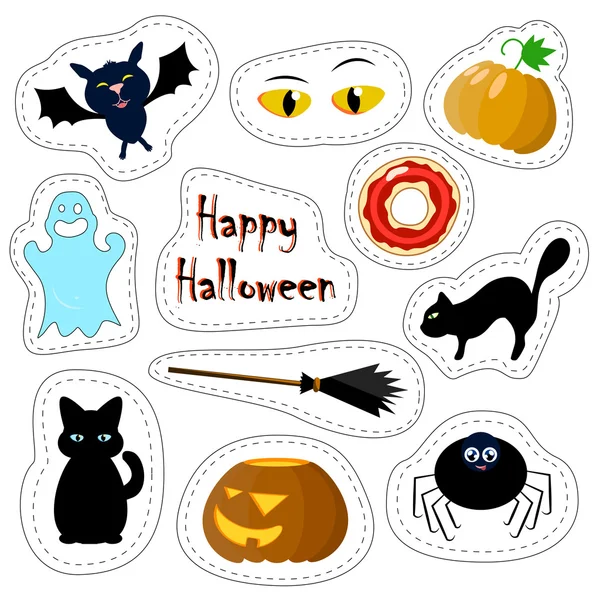 Halloween-Patches auf weißem Hintergrund mit schwarzer Katze, Besen, Kürbis — Stockvektor
