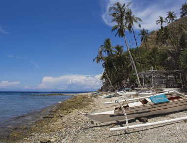 Teknenin plajda, Apo Adası, Filipinler. Denizin kenarında beyaz kum üzerinde beyaz katamaran.